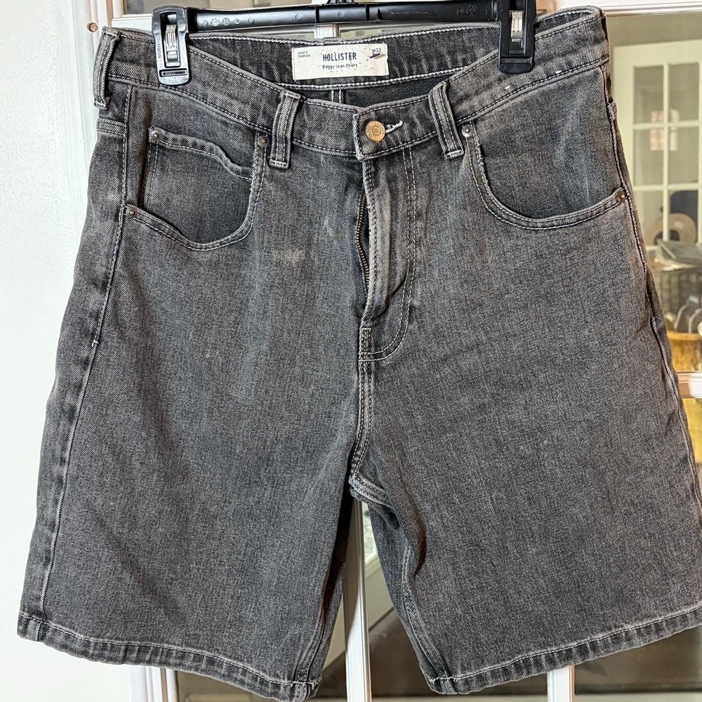 Hollister Baggy Black  Wash Jean Shorts Embroidered Tigers W32 Y2K Streetwear